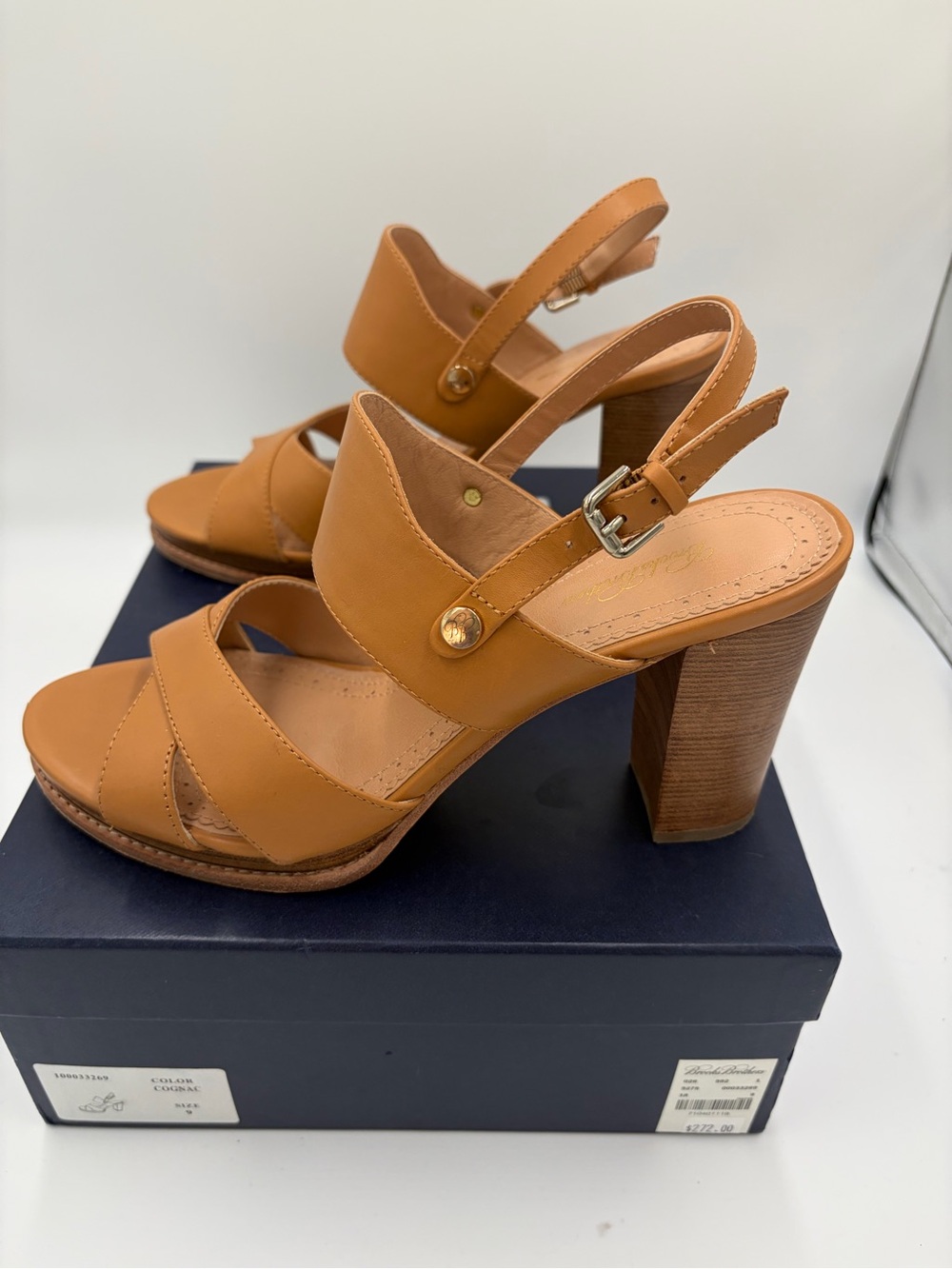 Brooks Brothers high heel sandals Tan Cognac Leather Slingback Sandals size 9